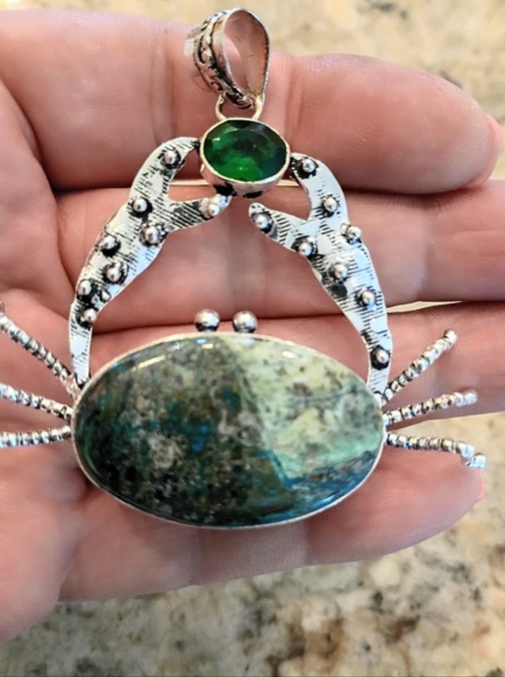 Large Real Green Agate Crab Pendant Gorgeous!